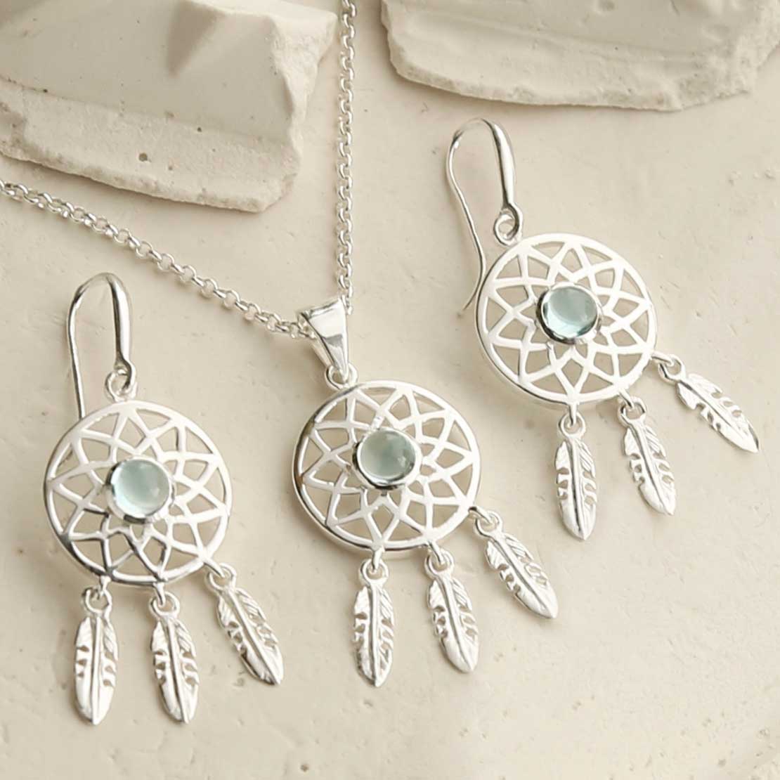 Sterling Silver Blue Topaz Dream Catcher Necklace