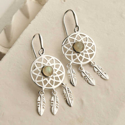 MZB130E LB STERLING SILVER LABRADORITE DREAM CATCHER EARRINGS 1