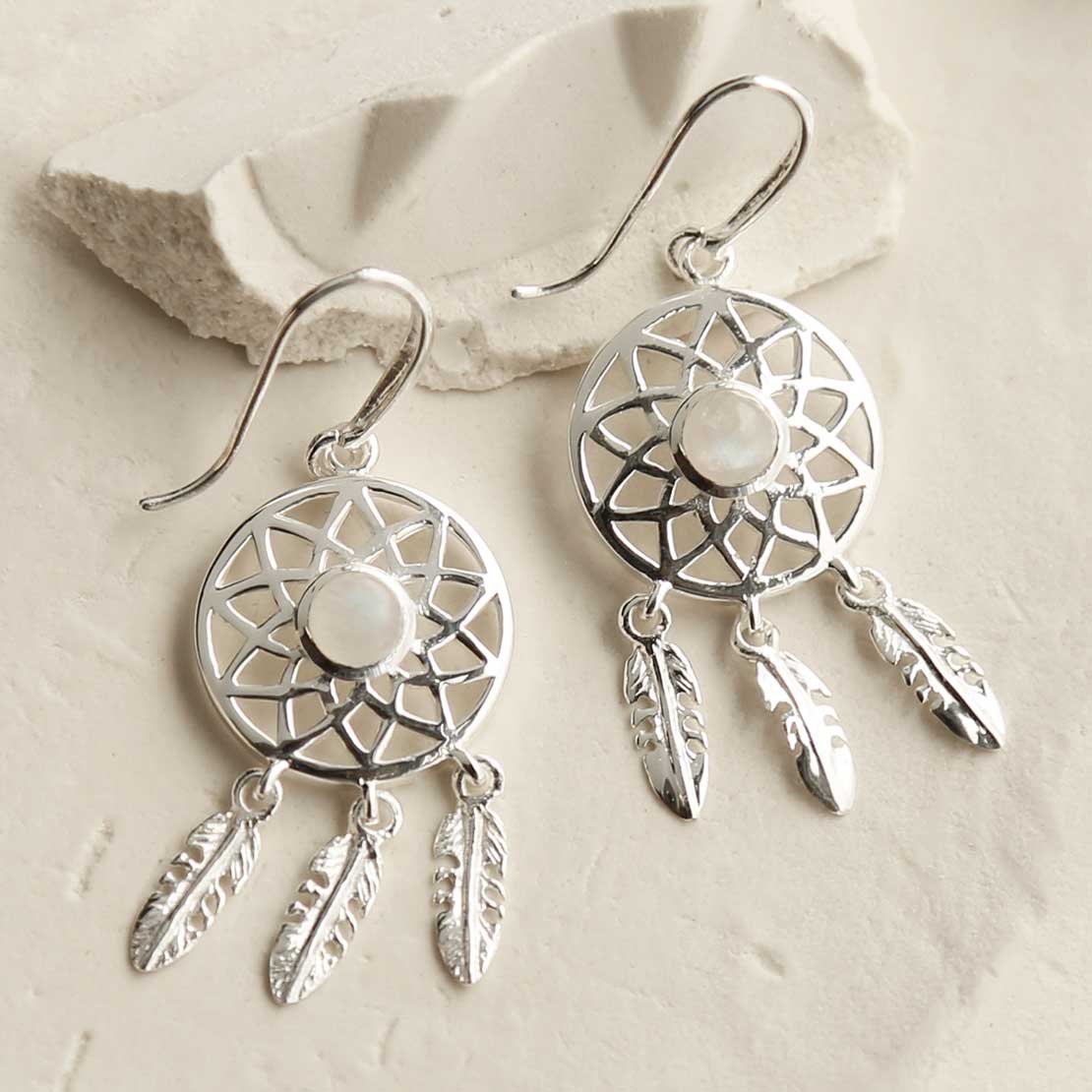 Sterling Silver Moonstone Dream Catcher Earrings
