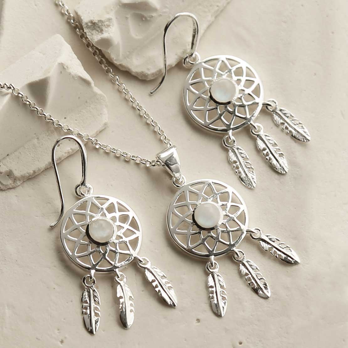 Sterling Silver Moonstone Dream Catcher Earrings