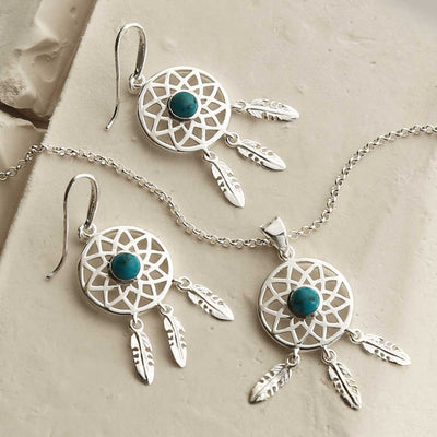 MZB130 T STERLING SILVER TURQUOISE DREAM CATCHER SET