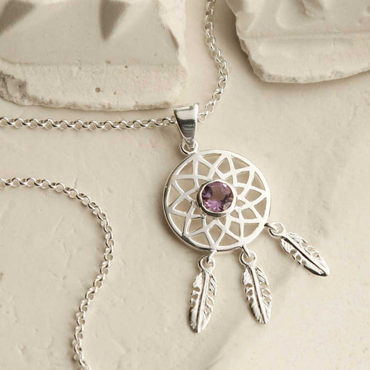 MZB130P AM STERLING SILVER AMETHYST DREAM CATCHER NECKLACE 1