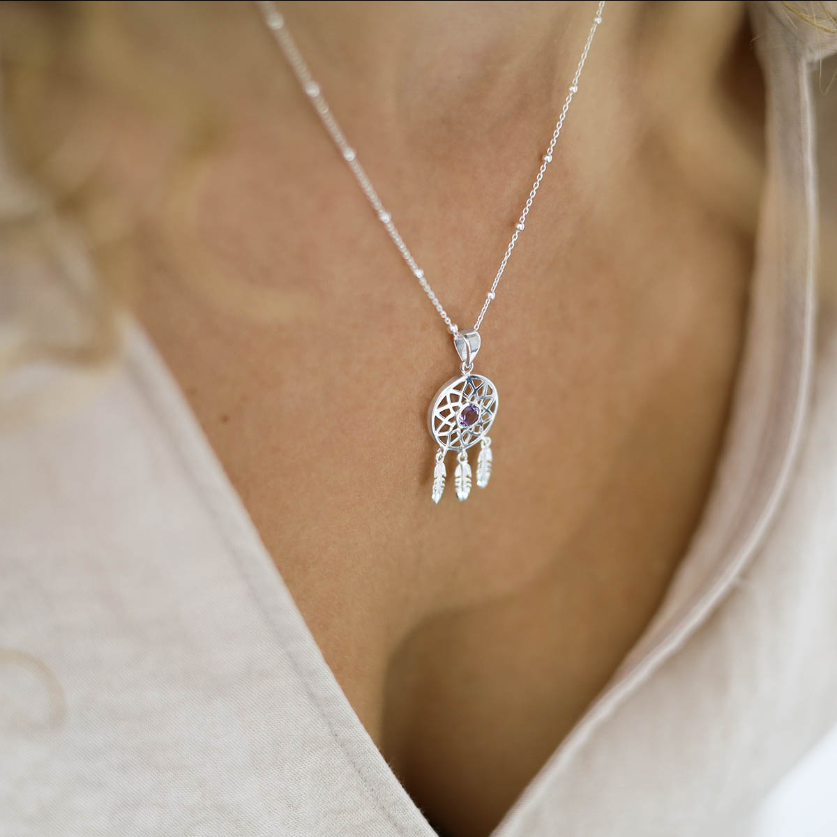 Sterling Silver Amethyst Dream Catcher Necklace