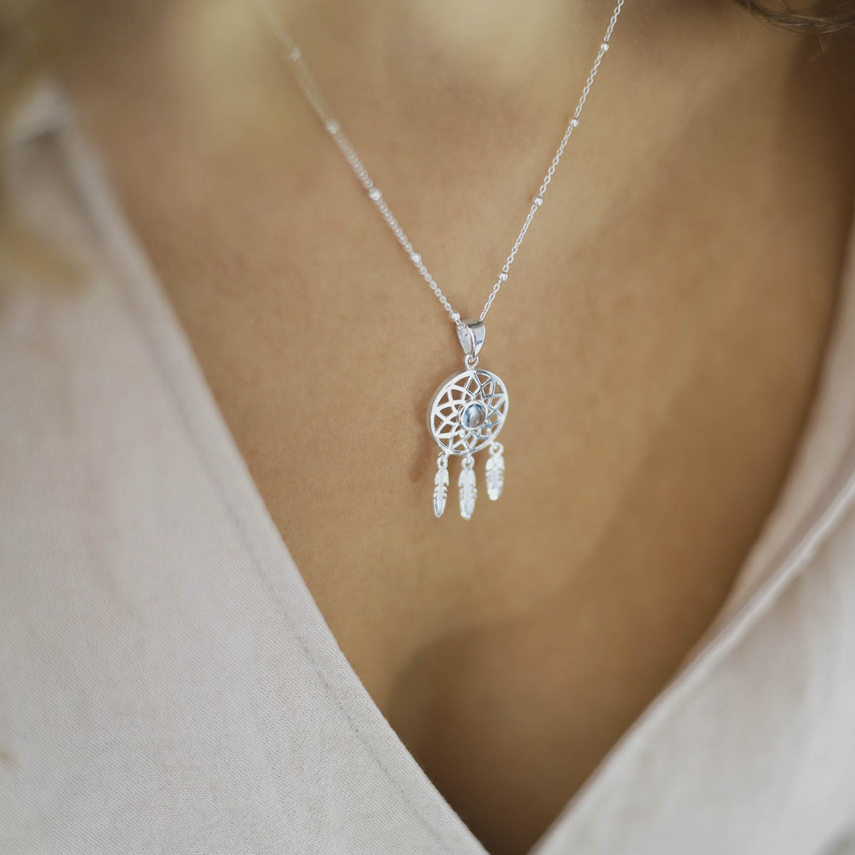 Sterling Silver Blue Topaz Dream Catcher Necklace
