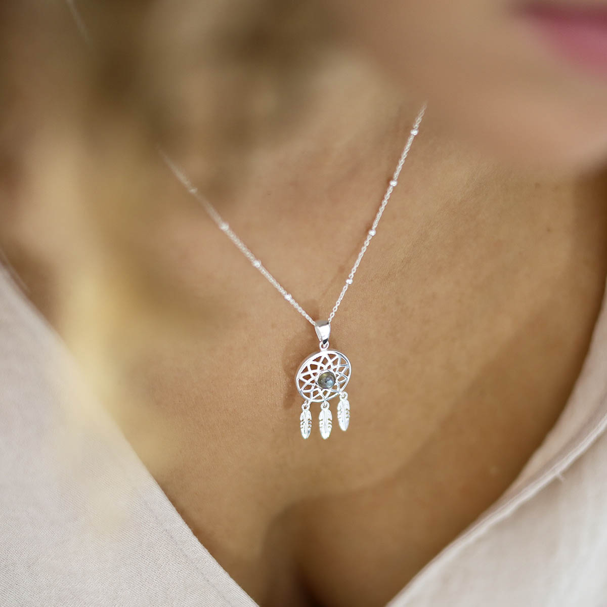 Sterling Silver Labradorite Dream Catcher Necklace