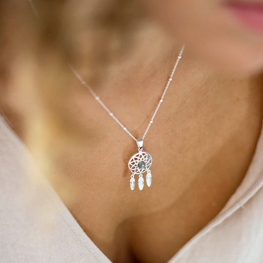 MZB130P LB STERLING SILVER LABRADORITE DREAM CATCHER NECKLACE MODEL