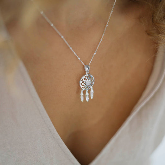 MZB130P MS STERLING SILVER MOONSTONE DREAM CATCHER NECKLACE MODEL