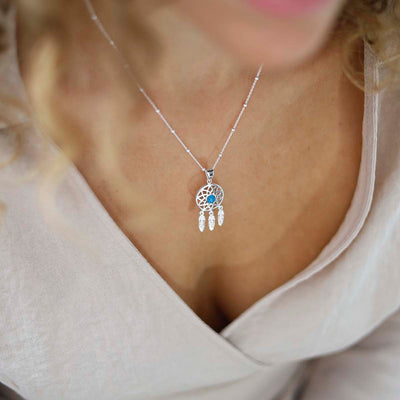 MZB130P T STERLING SILVER TURQUOISE DREAM CATCHER NECKLACE MODEL