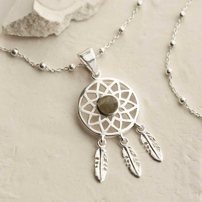 MZB130P LB STERLING SILVER LABRADORITE DREAM CATCHER NECKLACE 1