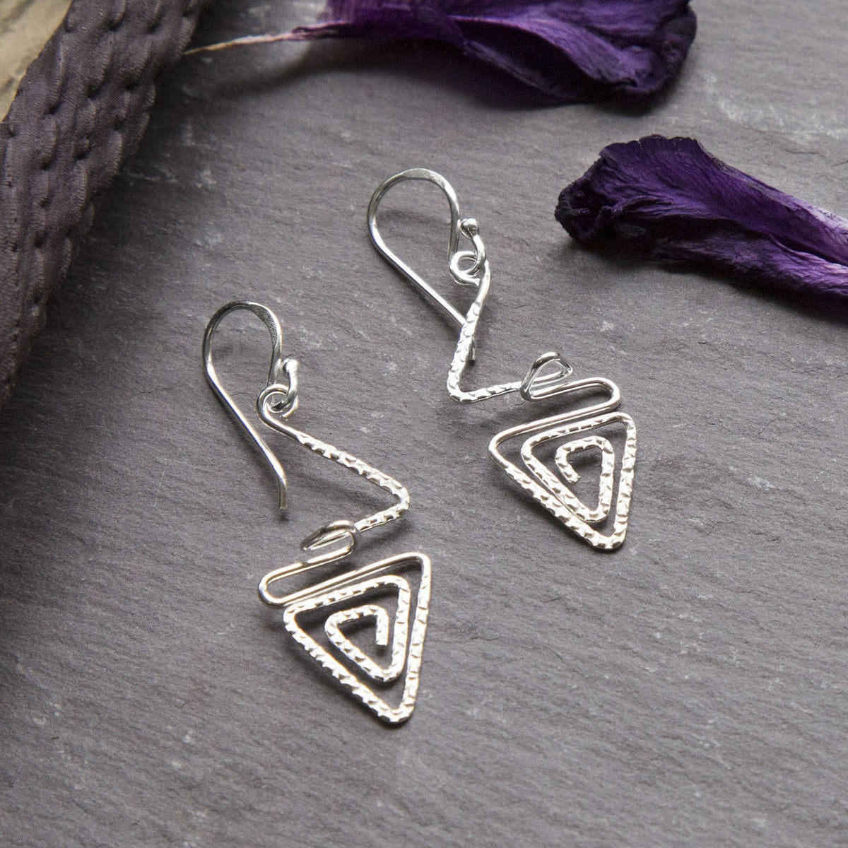 Sterling Silver Dangly Textured Triangle Swirl Earrings