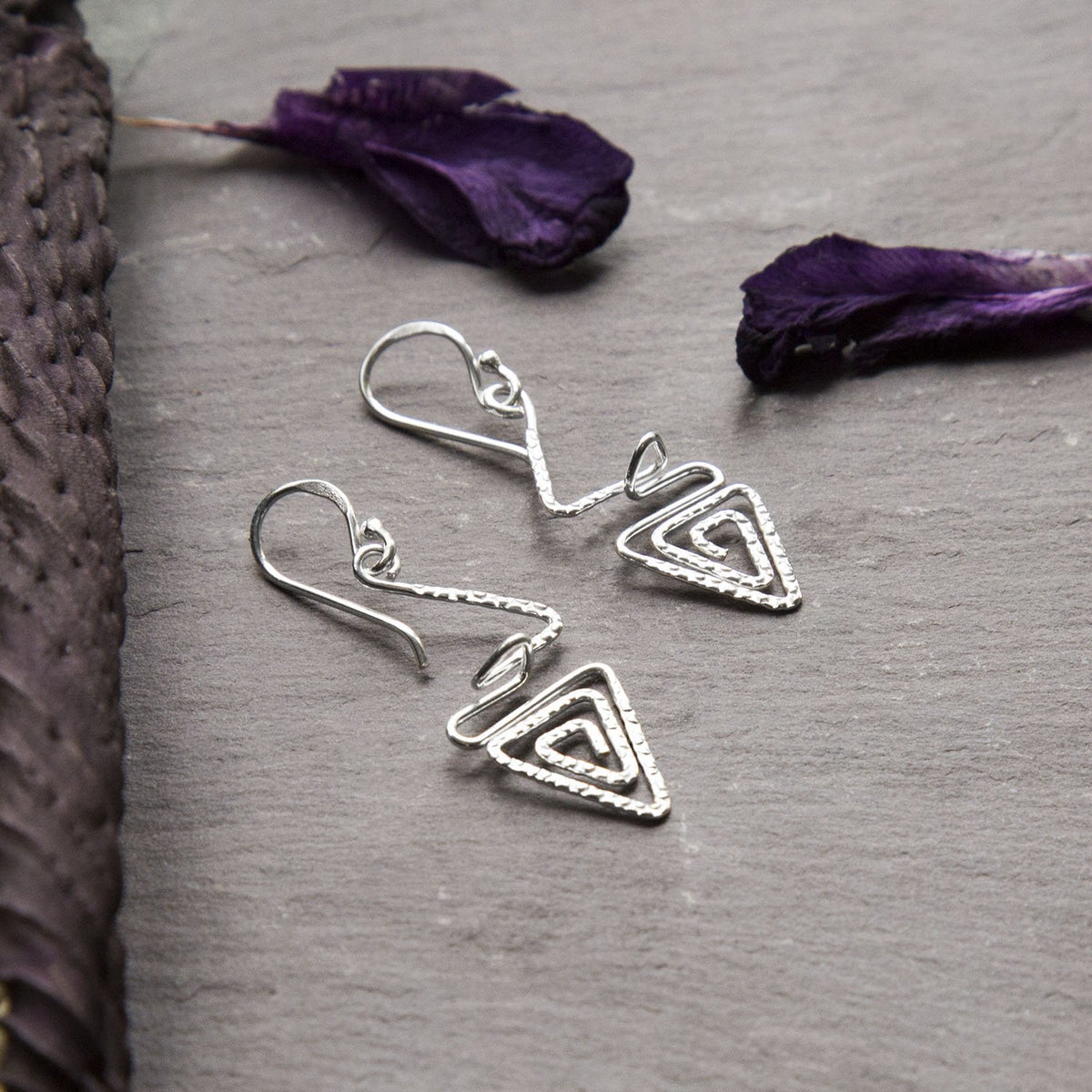 Sterling Silver Dangly Textured Triangle Swirl Earrings