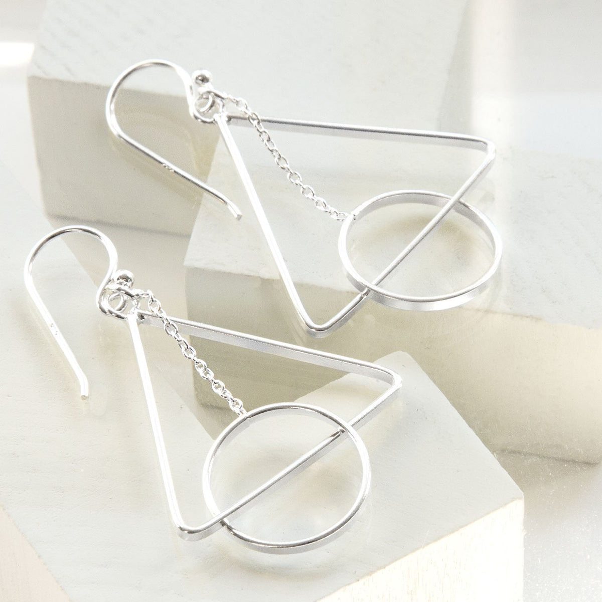 Sterling Silver Triangle And Circle Dangly Earrings
