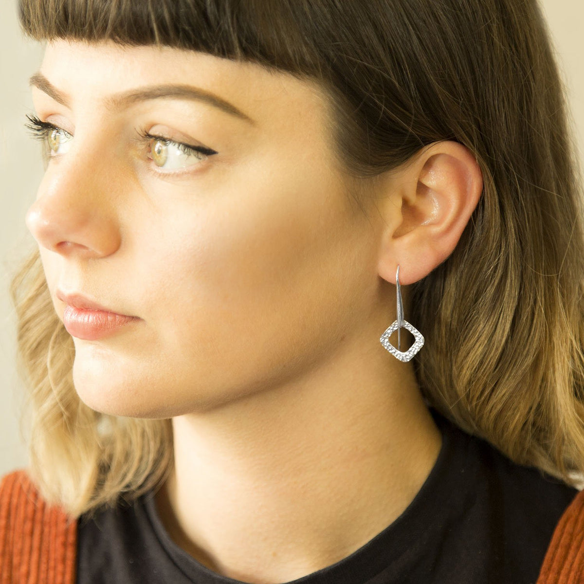 Sterling Silver Textured Square Solid Drop Earrings