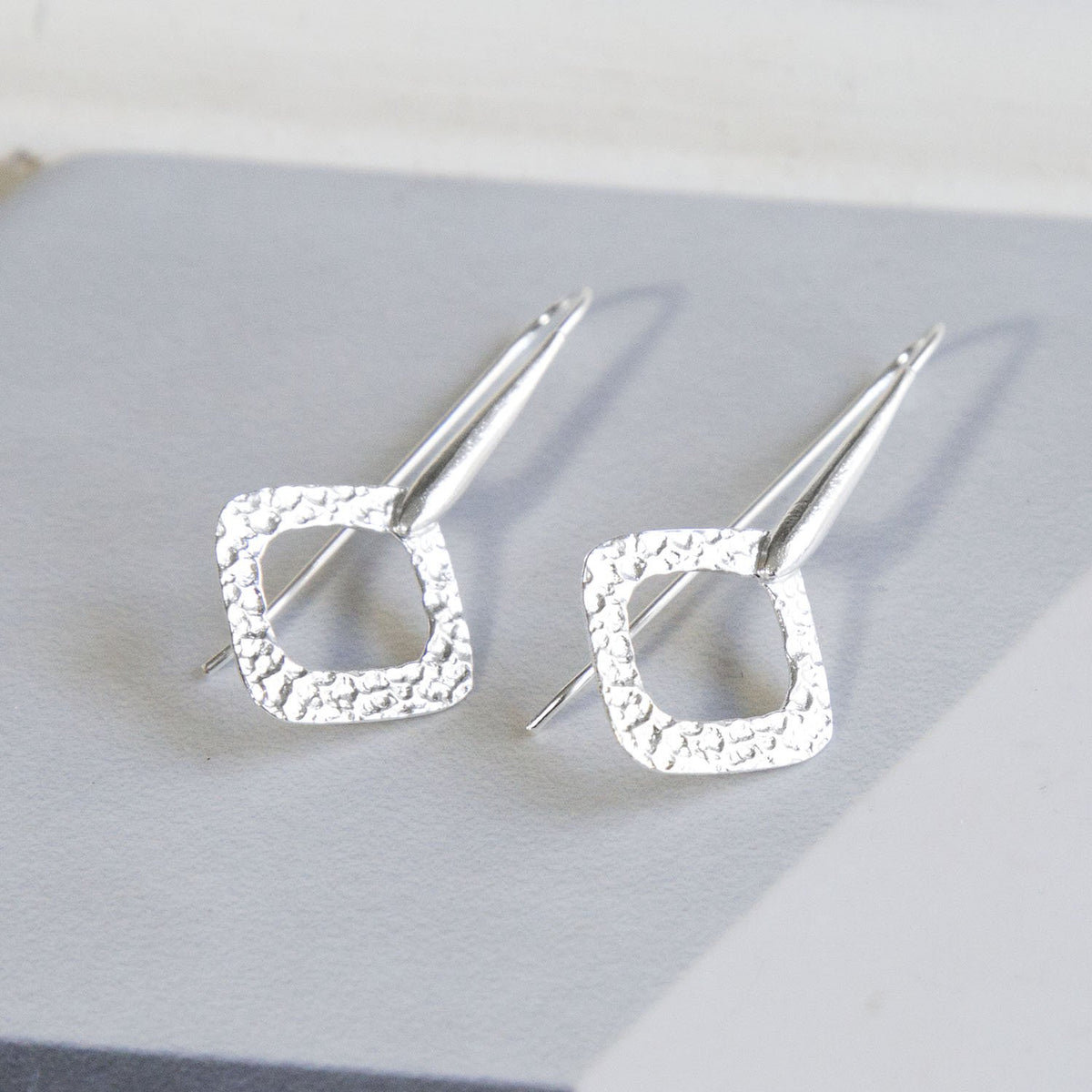 Sterling Silver Textured Square Solid Drop Earrings