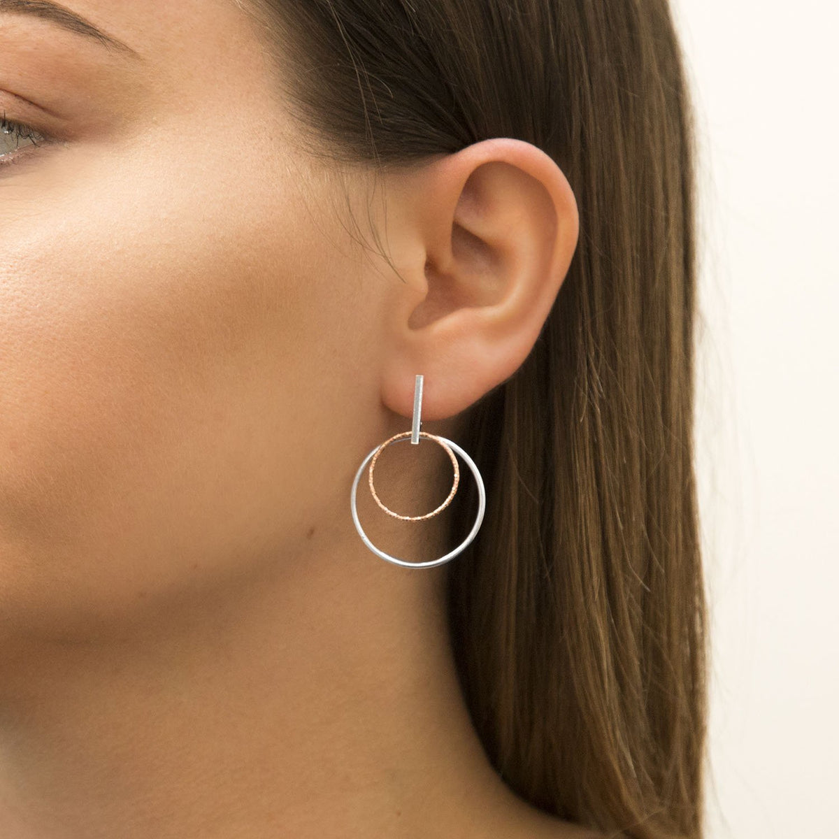 Sterling Silver And Rose Gold Plated Twin Ring Stud Earrings