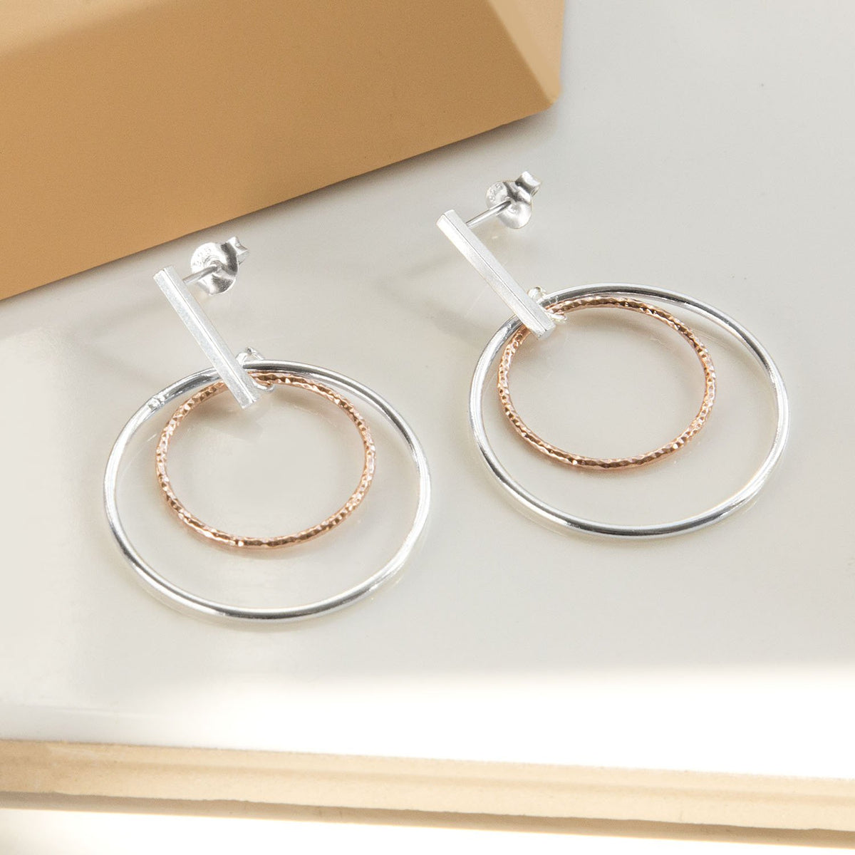 Sterling Silver And Rose Gold Plated Twin Ring Stud Earrings