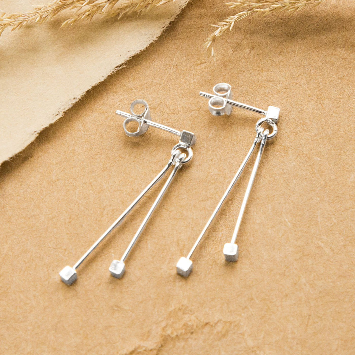 Sterling Silver Delicate Cube And Bar Stud Earrings