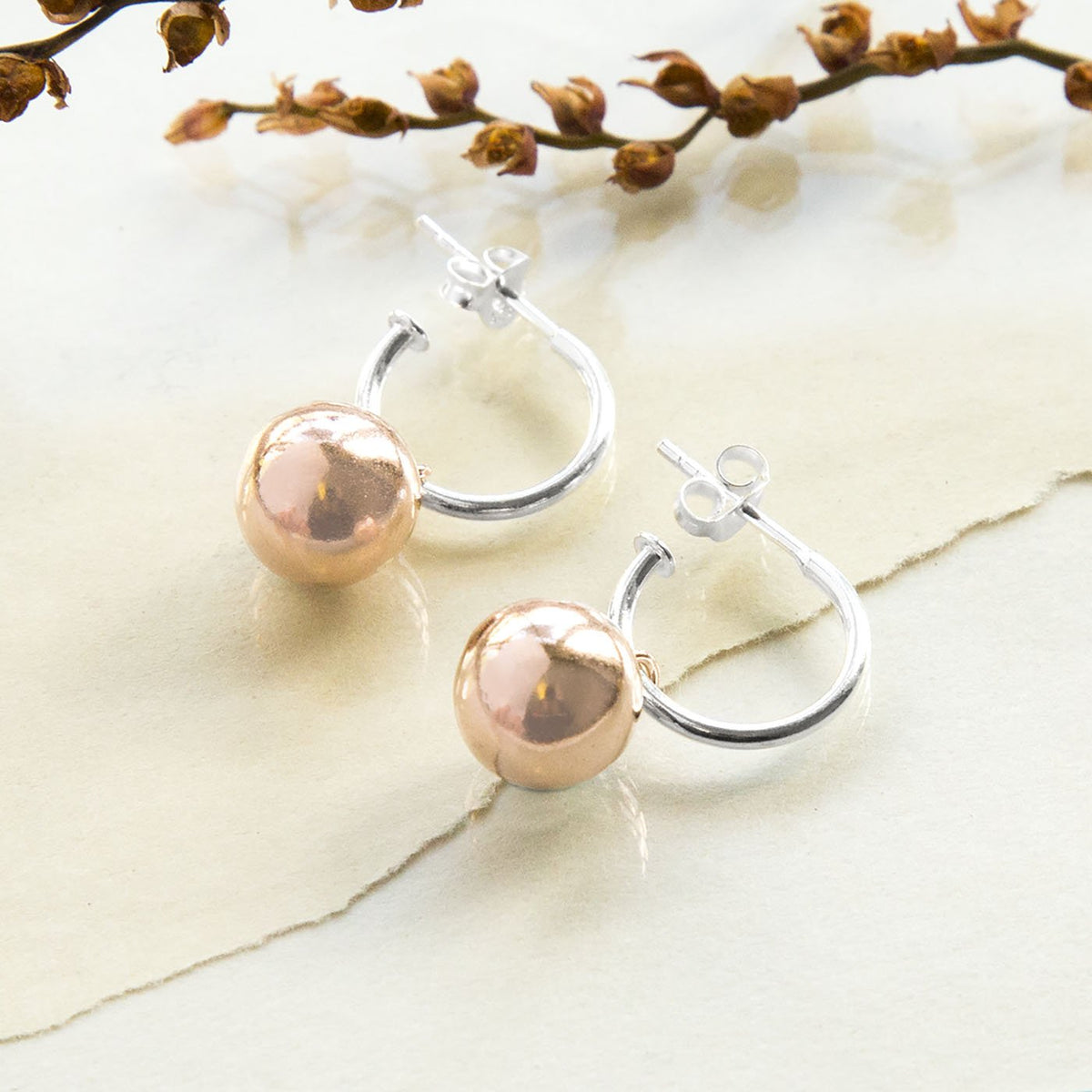 Sterling Silver and Rose Gold Ball Hoop Stud Earrings
