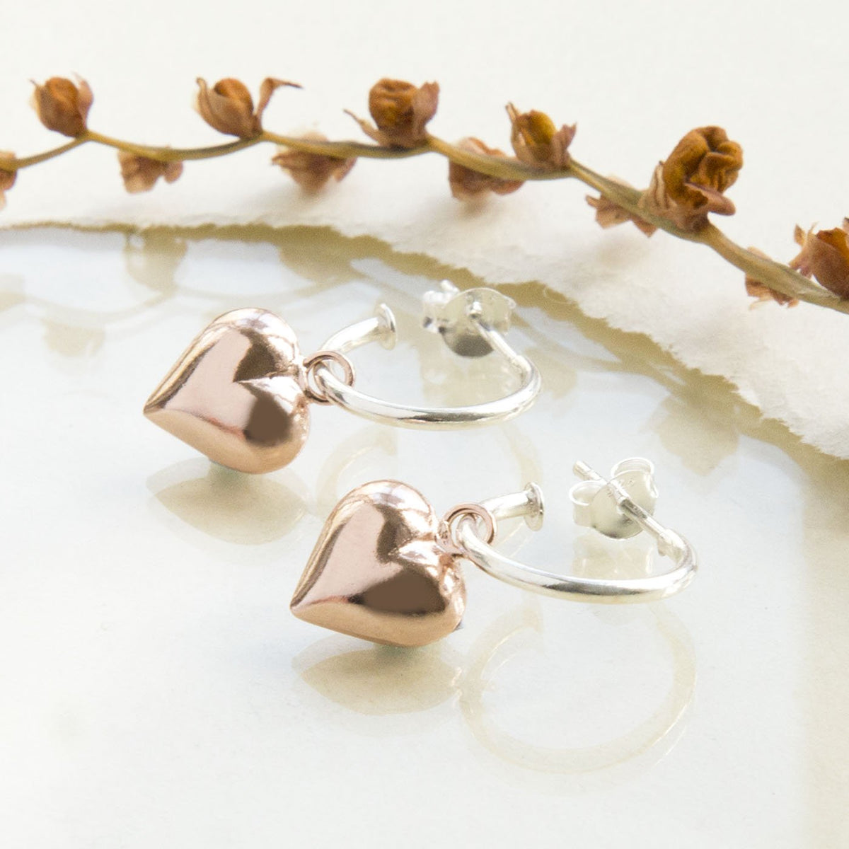 Sterling Silver and Rose Gold Heart Hoop Stud Earrings