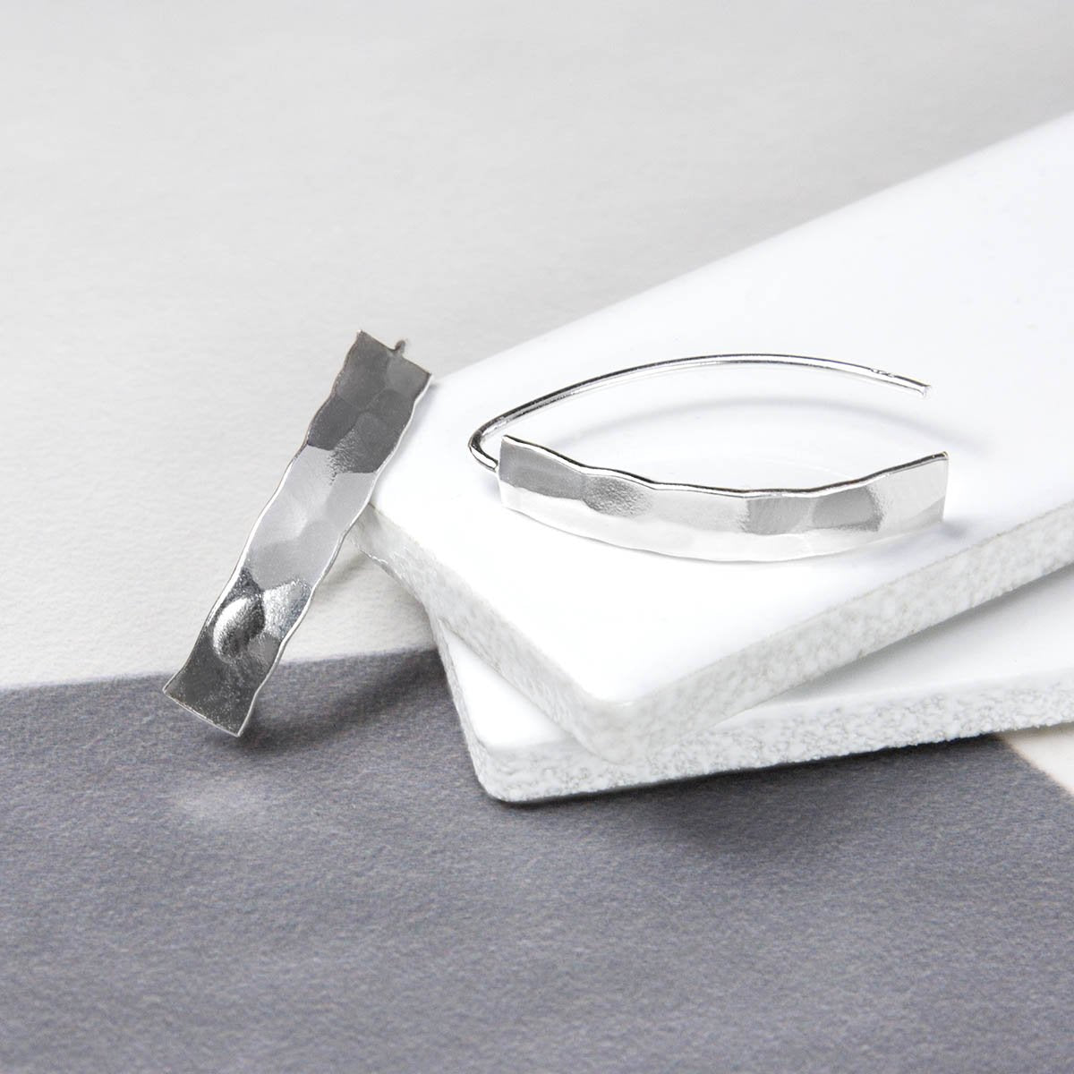 Sterling Silver Hammered Finish Urban Shield Drop Earrings
