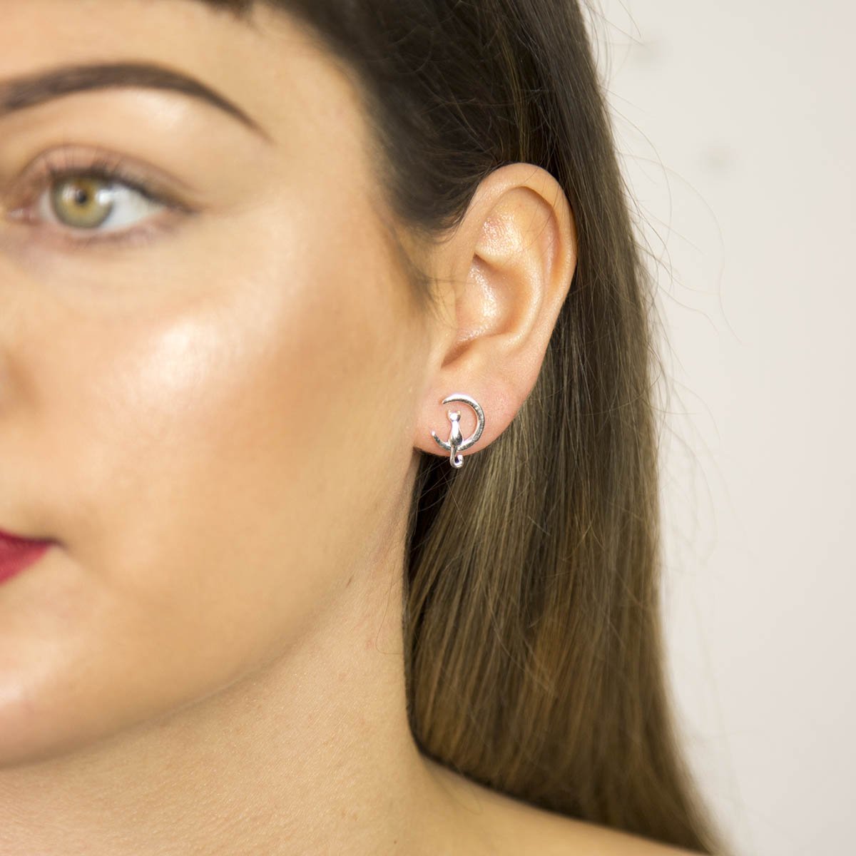 Sterling Silver Cat And Crescent Stud Earrings