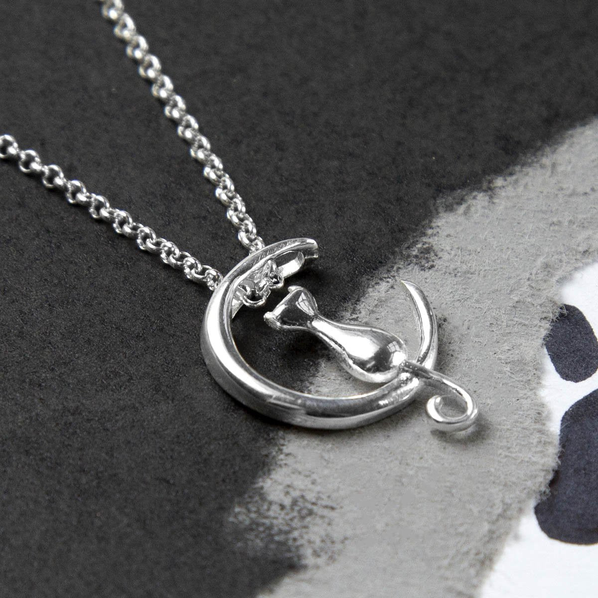 Sterling Silver Cat And Crescent Necklace
