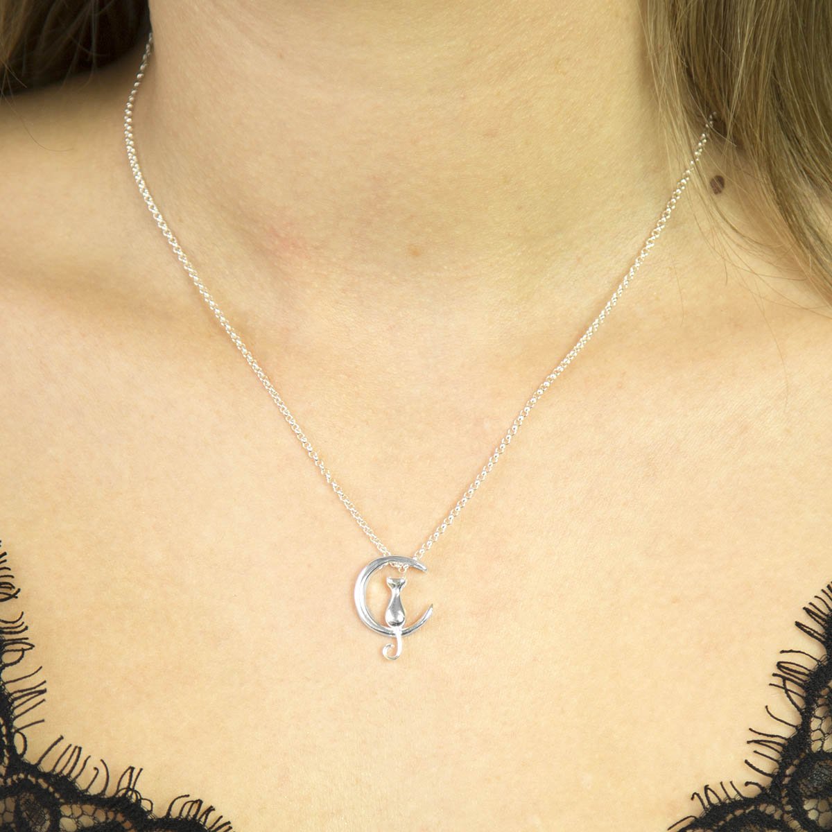 Sterling Silver Cat And Crescent Necklace
