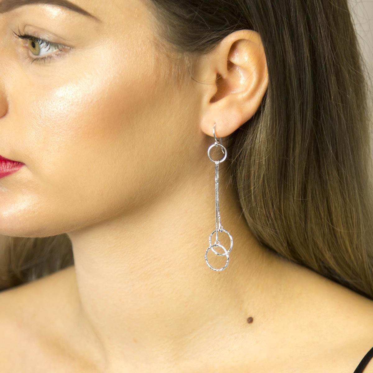 Sterling Silver Textured Ring And Bar Drop Earrings