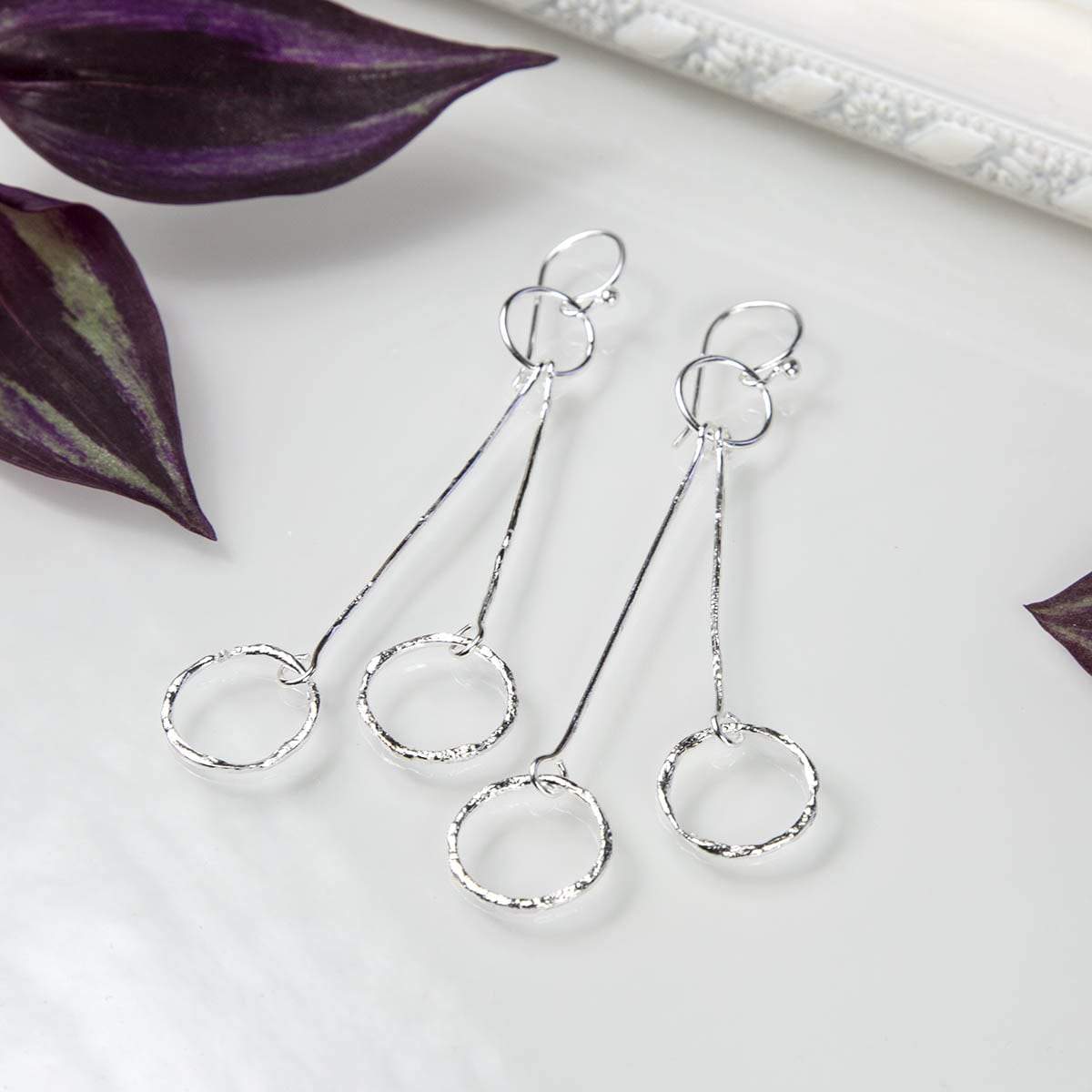 Sterling Silver Textured Ring And Bar Drop Earrings