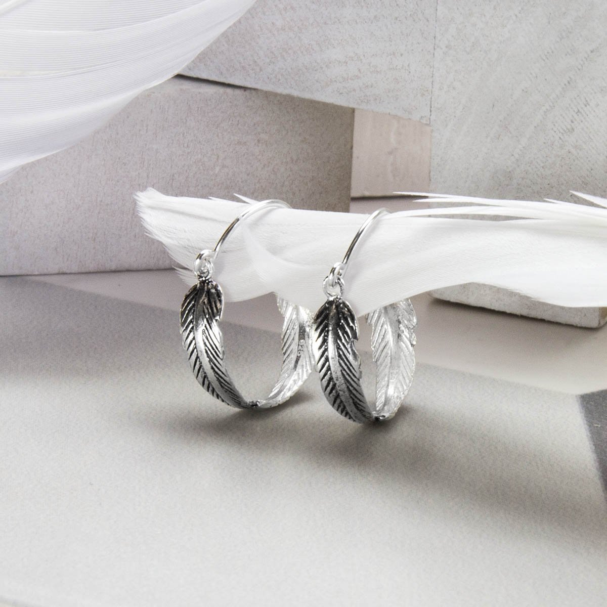 Sterling Silver Angelic Feather Hoop Earrings
