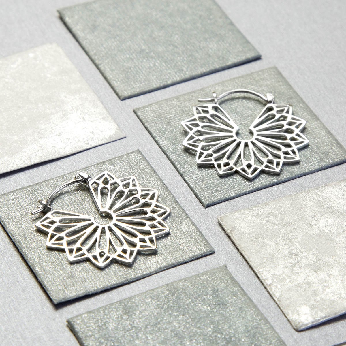 Sterling Silver Geometric Flower Hoops