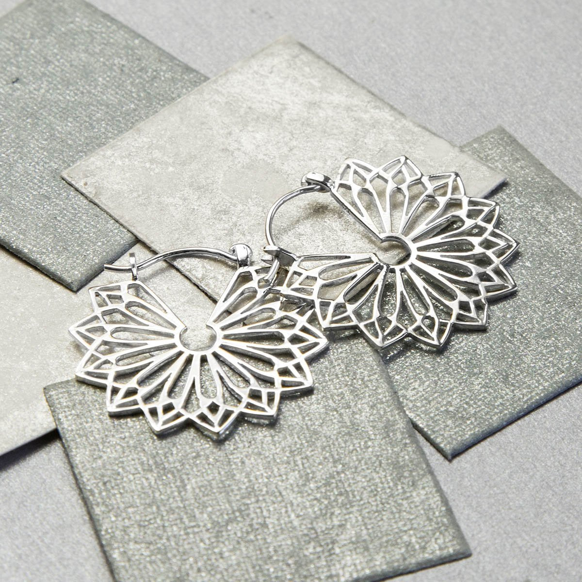 Sterling Silver Geometric Flower Hoops