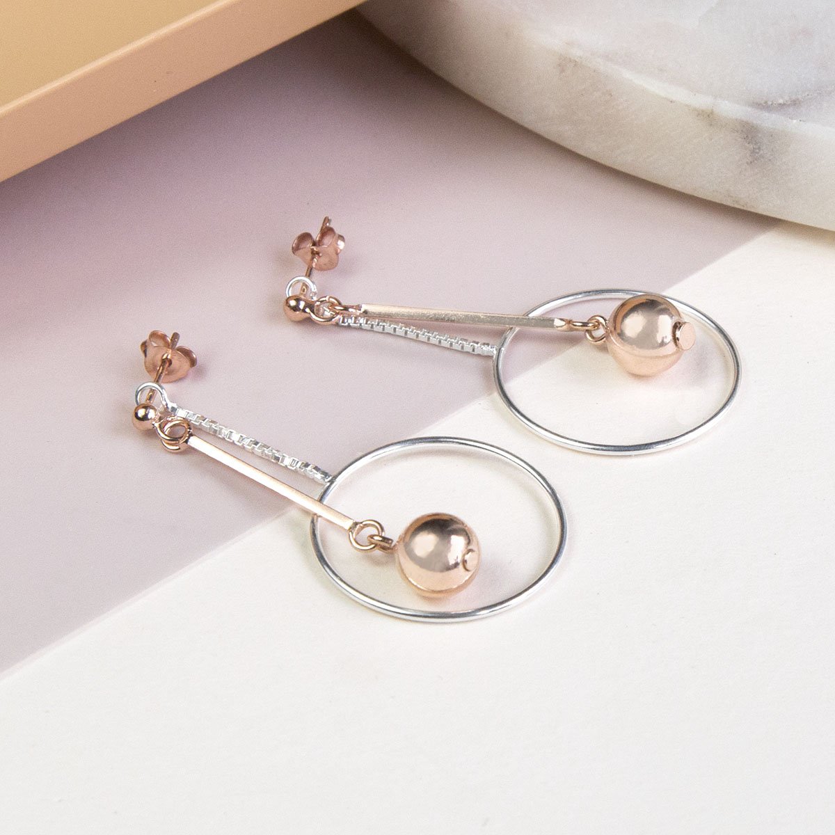 Sterling Silver Rose Gold Art Deco Stud Earrings
