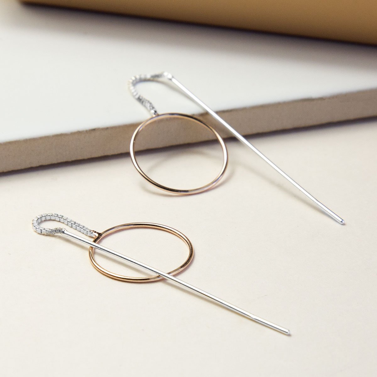 Sterling Silver Rose Gold Circle Threader Earrings