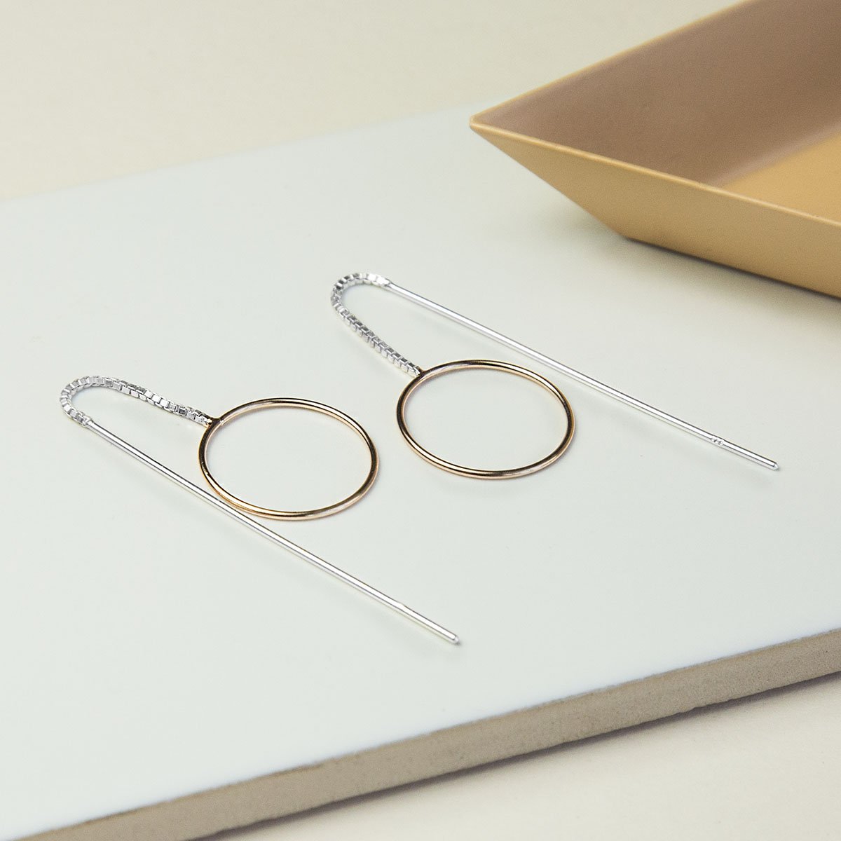 Sterling Silver Rose Gold Circle Threader Earrings