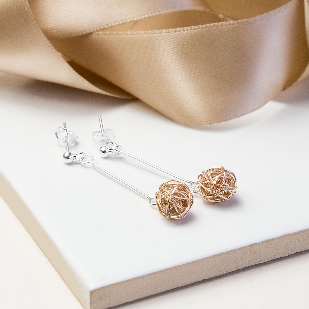 Sterling Silver Rose Gold Kitten Ball Stud Earrings