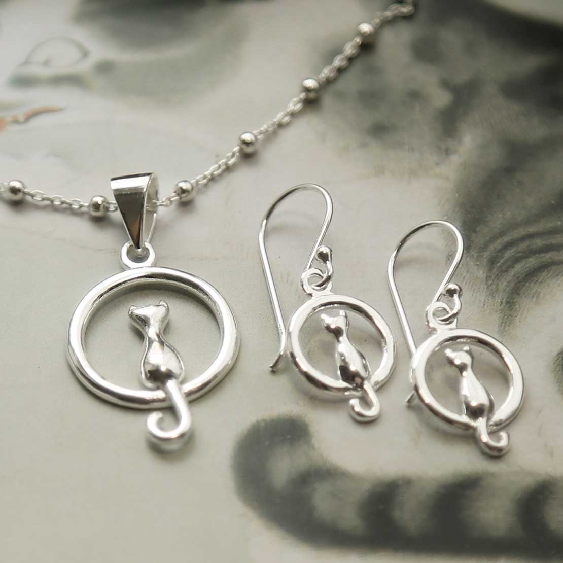 Sterling Silver Cat and Moon Earrings
