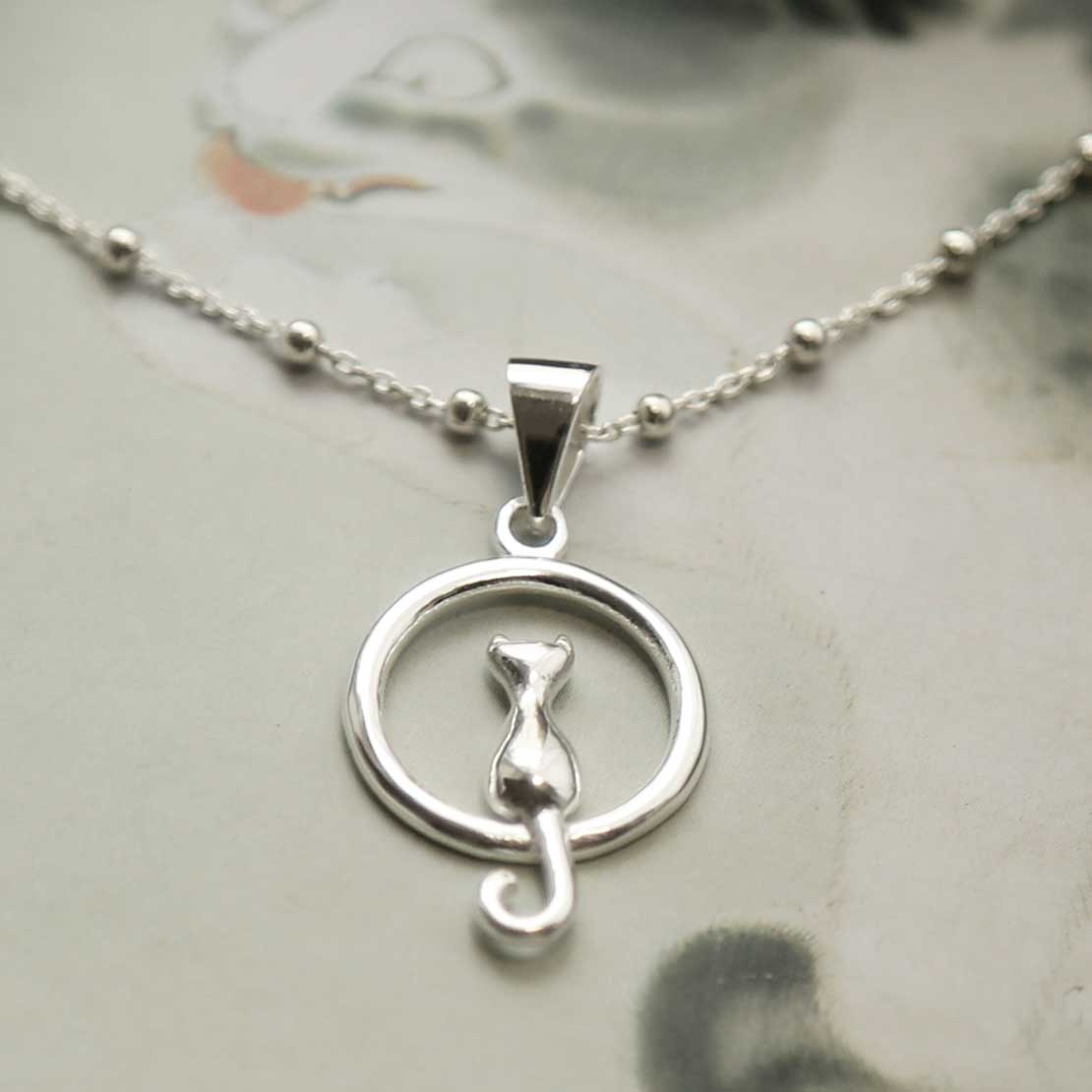 Sterling Silver Cat and Moon Necklace