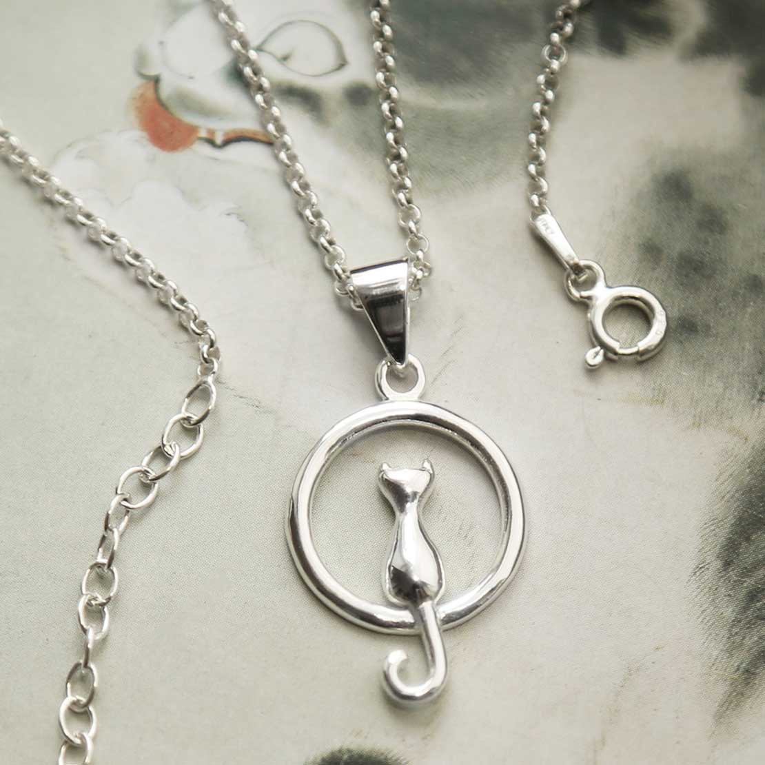 Sterling Silver Cat and Moon Necklace