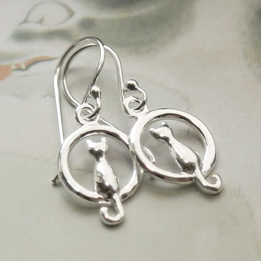 Sterling Silver Cat and Moon Earrings