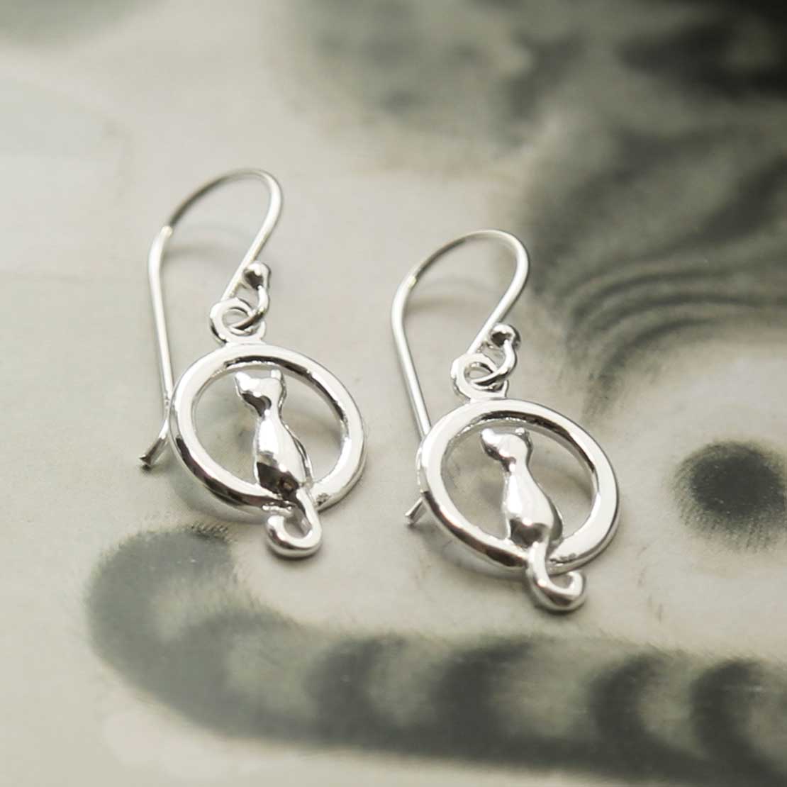 Sterling Silver Cat and Moon Earrings