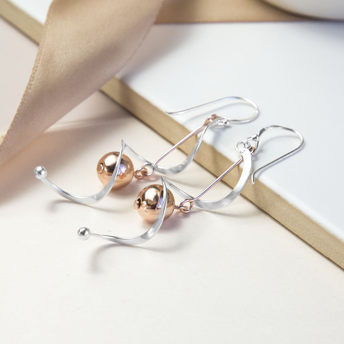 Sterling Silver Rose Gold Spiral Dangly Earrings