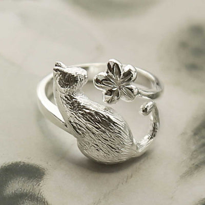 MB210 STERLING SILVER CAT AND FLOWER ADJUSTABLE RING 1