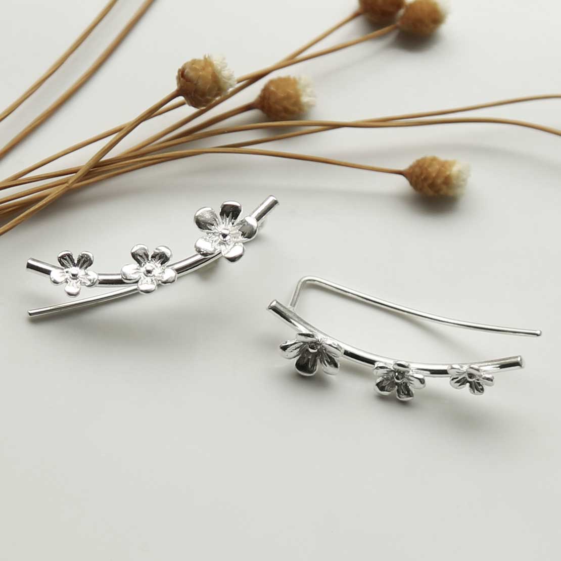 Sterling Silver Triple Flower Ear Climbers
