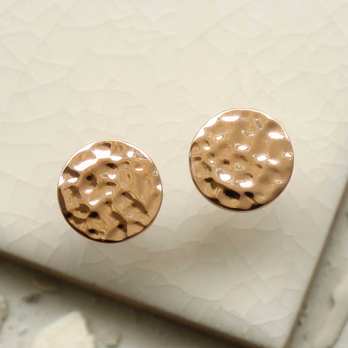 Rose Gold Plated Silver Hammered Disc Studs