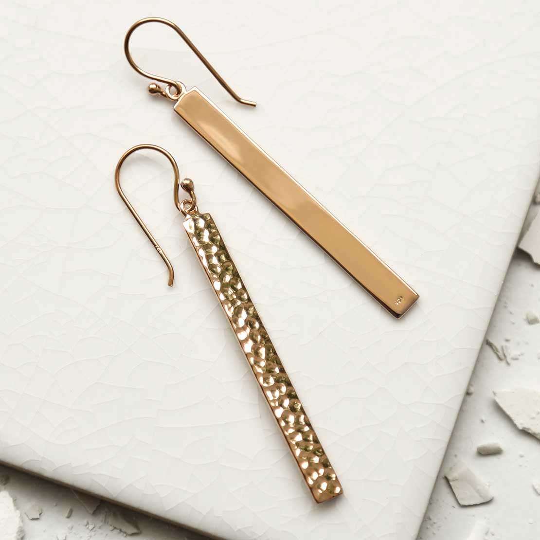 Rose Gold Plated Silver Hammered Bar Earrings