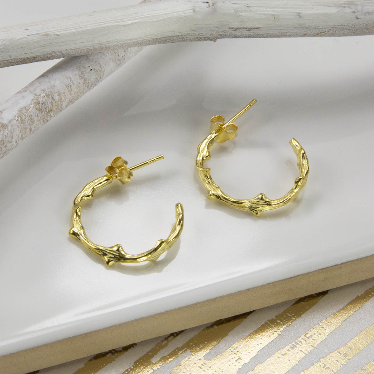 Gold Plated Sterling Silver Twig Hoop Earrings
