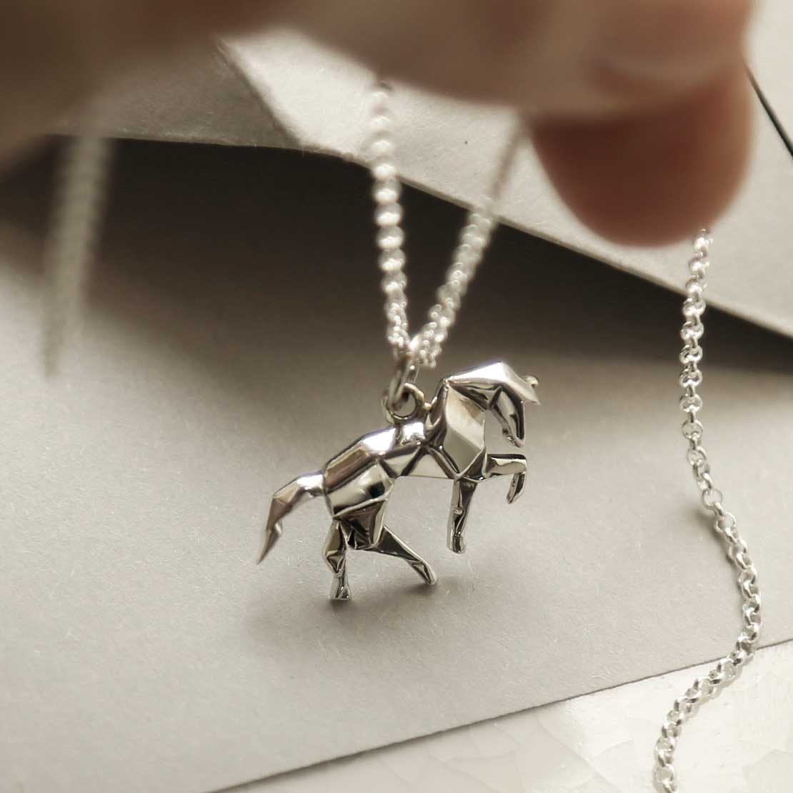 Sterling Silver Polished Origami Horse Necklace