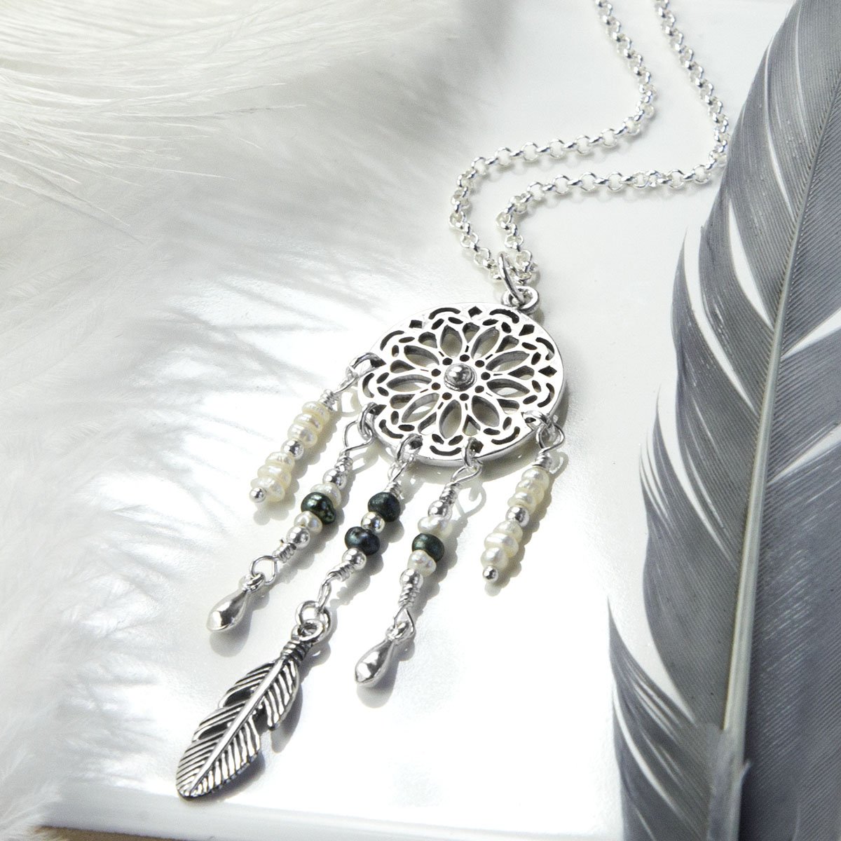 Sterling Silver and Pearl Dream Catcher Necklace