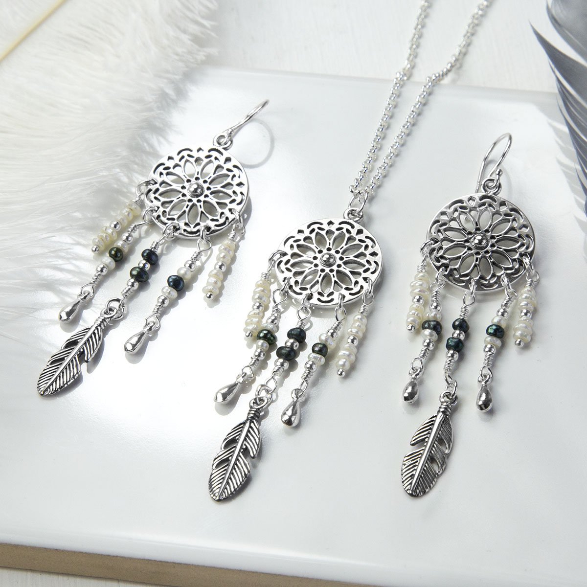Sterling Silver and Pearl Dream Catcher Necklace